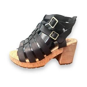 KORK EASE Camille Sandal Platform Black Leather Block Cork Heel Women Sz 10